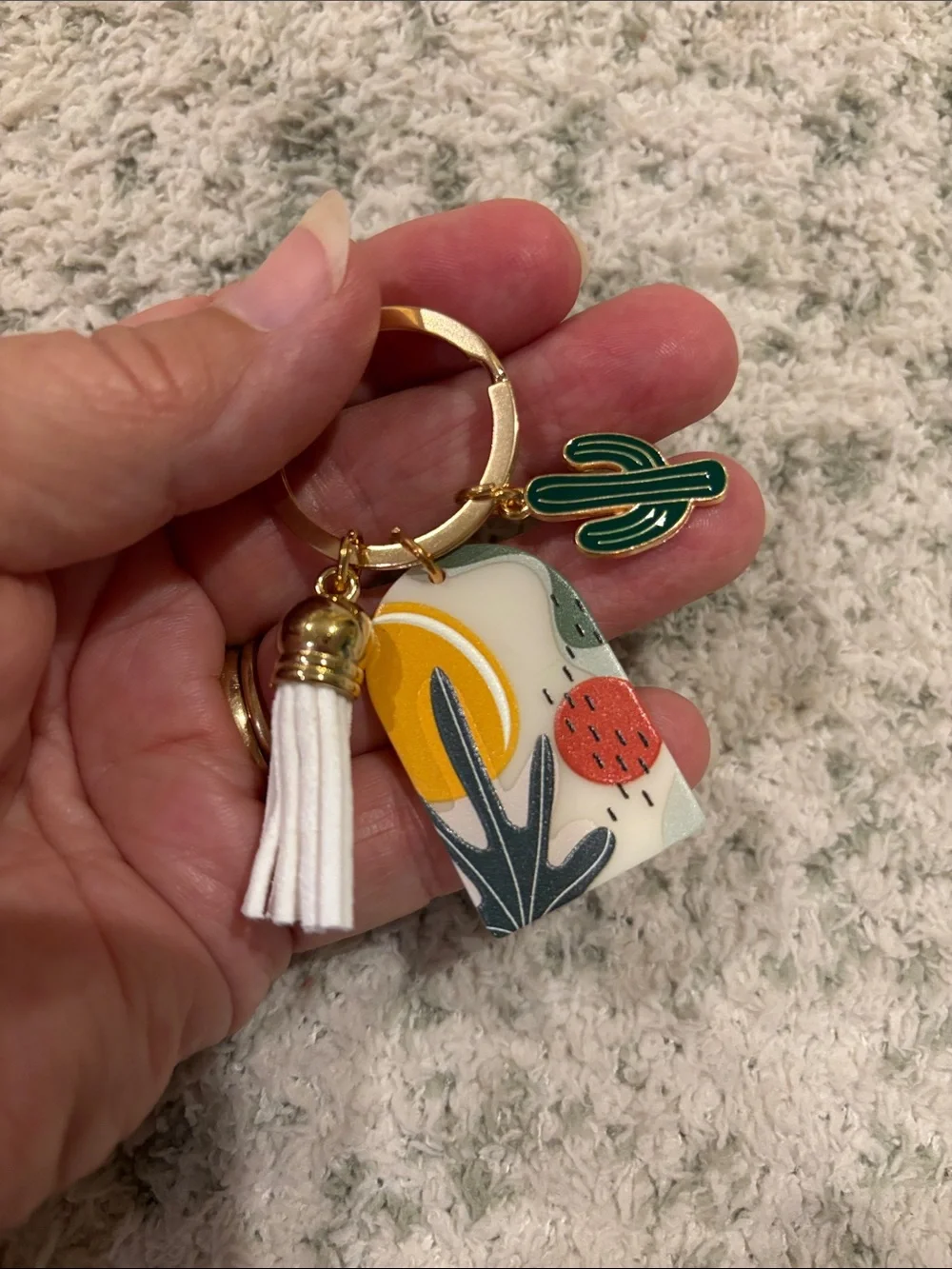 Bohemian Southwest Desert White Tassel Cactus Keychain Bag Charm NWT 2.5”